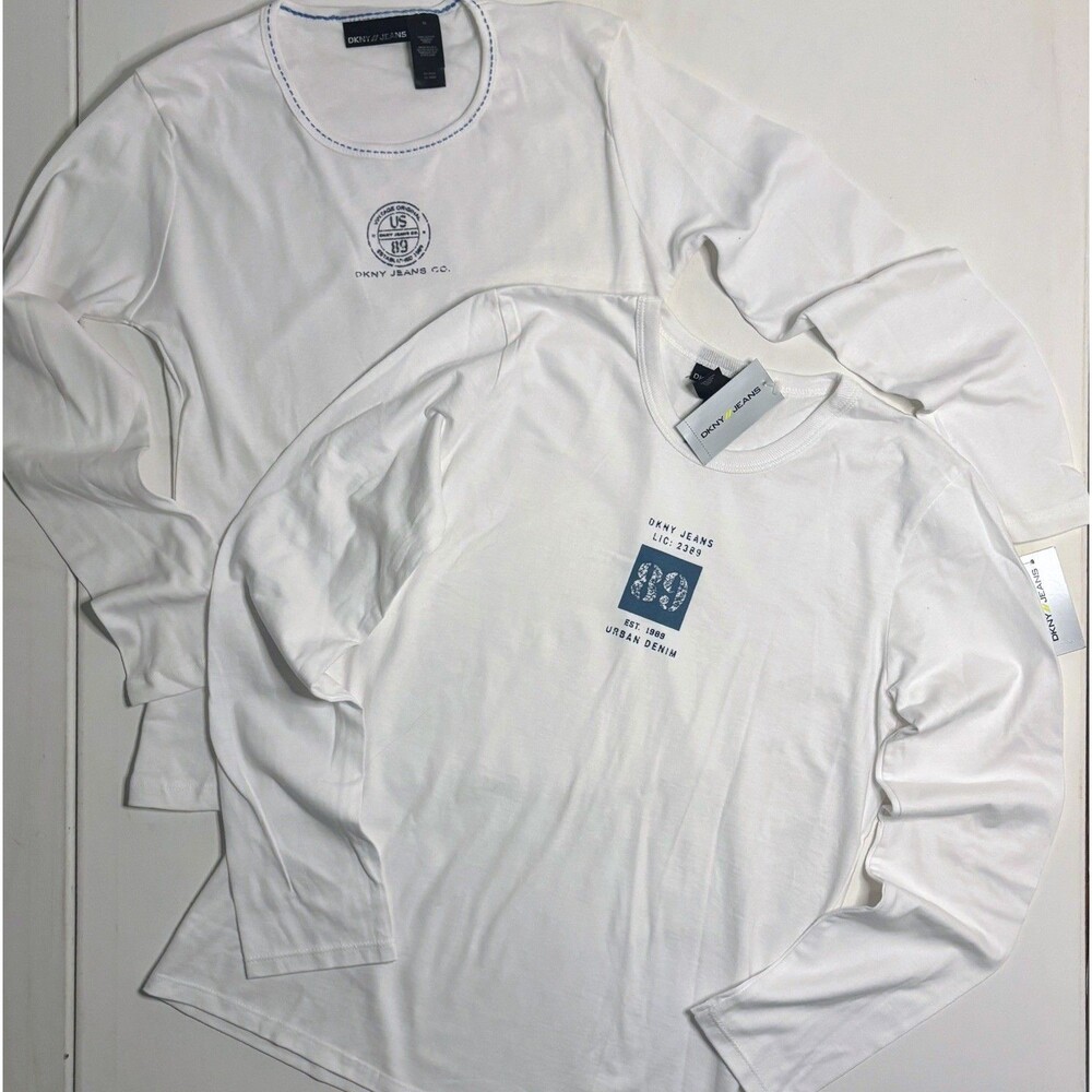 NWT 2 Lot Set DKNY Jeans Sport Top Women M White L/S Logo Fitted Stretch Y2K 90s